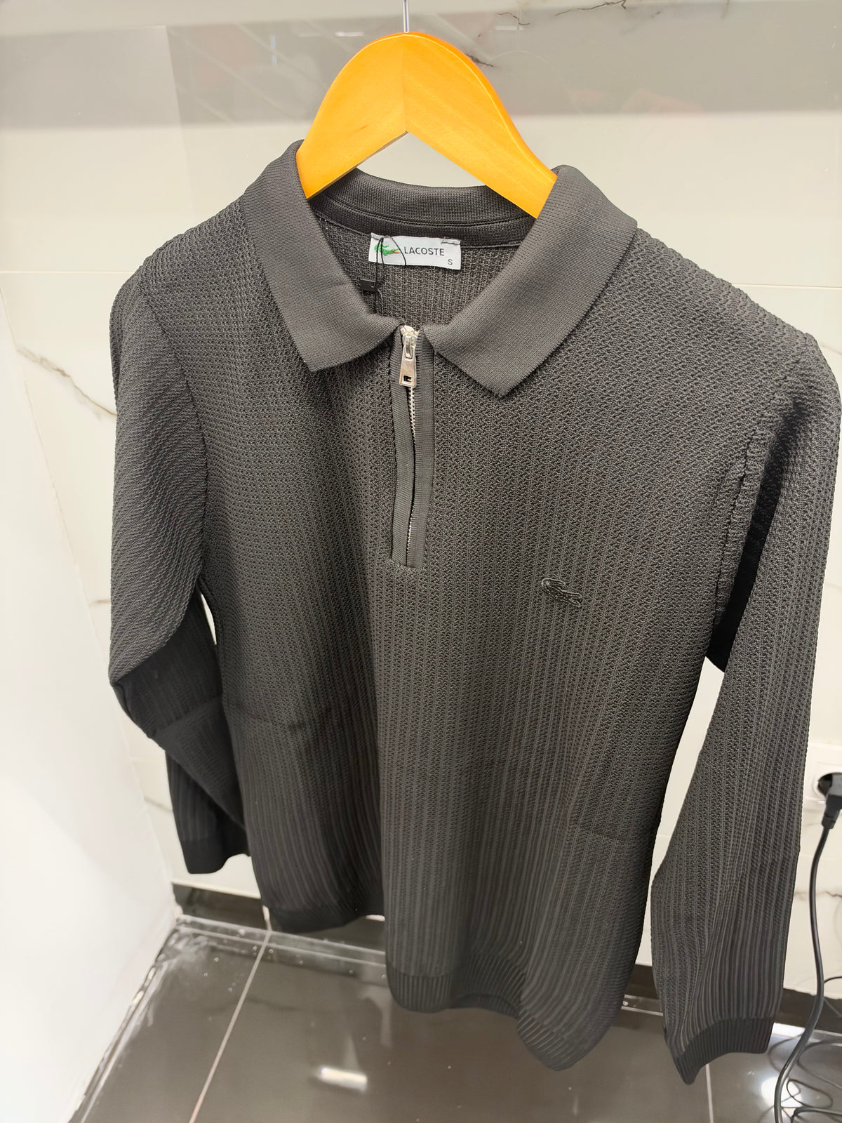 Lacoste Textured Knit Zip Polo – Ανδρική Πλεκτή Μπλούζα με Φερμουάρ Ανθρακί / Charcoal Grey
