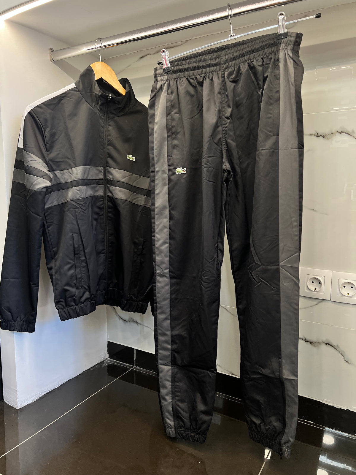 Lacoste Sport Stripe Windbreaker Tracksuit – Αντιανεμικό Σετ Μαύρο / Γκρι